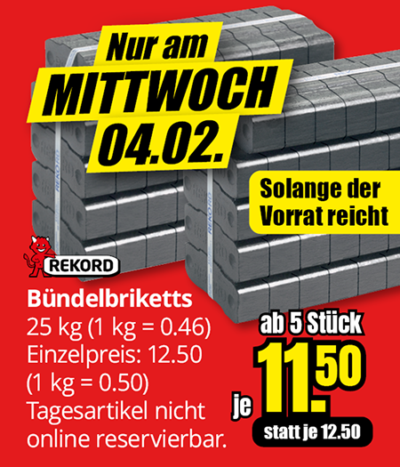 Bündelbriketts 25 kg für 11,50 € je Stück ab 5 Stück, nur am Mittwoch, 04.02., solange der Vorrat reicht.