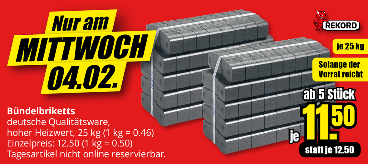 Bündelbriketts 25 kg für 11,50 € je Stück ab 5 Stück, nur am Mittwoch, 04.02., solange der Vorrat reicht.
