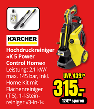 Kärcher Hochdruckreiniger X5 Power Control Home mit 2,1 kW und 145 bar, inklusive Home Kit, Aktionspreis 315 Euro statt 439,99 Euro.