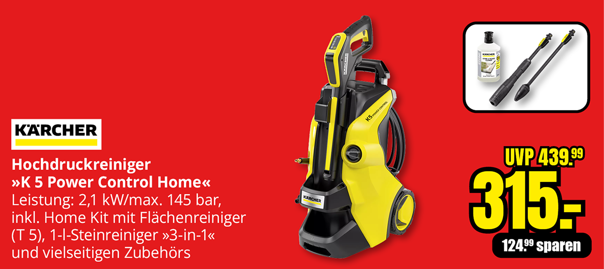 Kärcher Hochdruckreiniger X5 Power Control Home mit 2,1 kW und 145 bar, inklusive Home Kit, Aktionspreis 315 Euro statt 439,99 Euro.