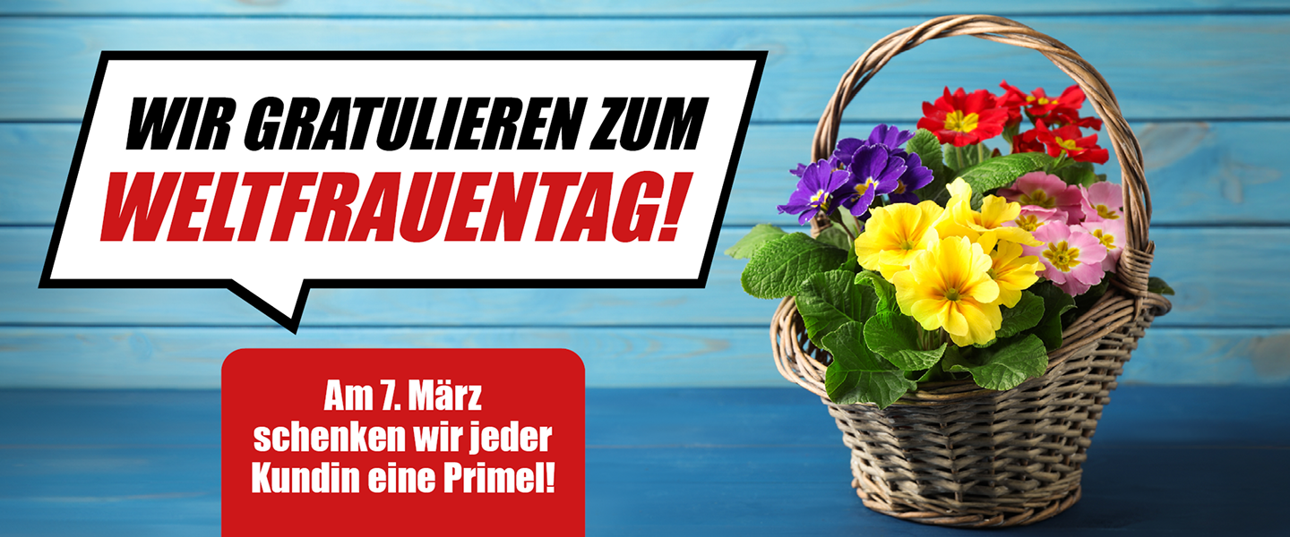 Blumenkorb mit bunten Primeln vor blauem Holzhintergrund, dazu der Hinweis: „Wir gratulieren zum Weltfrauentag. Am 7. März schenken wir jeder Kundin eine Primel.“