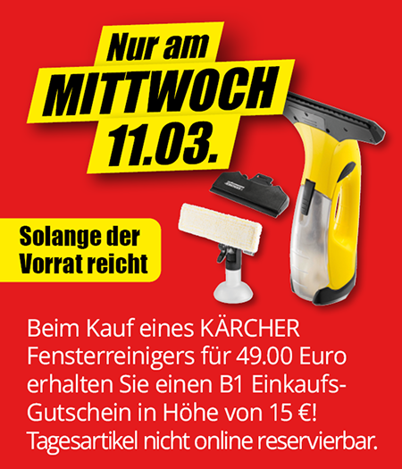 Aktion am Mittwoch, 11.03.: Beim Kauf eines Kärcher Fensterreinigers für 49 Euro erhalten Sie einen B1-Einkaufsgutschein im Wert von 15 Euro. Angebot gültig solange der Vorrat reicht.