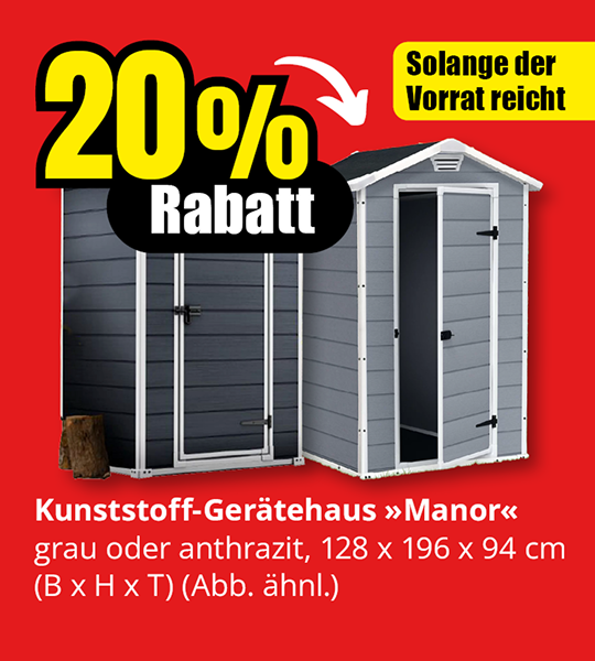 20 Prozent Rabatt auf das Kunststoff-Gerätehaus Manor in grau oder anthrazit. Größe 128 x 196 x 94 Zentimeter. Angebot gültig solange der Vorrat reicht.