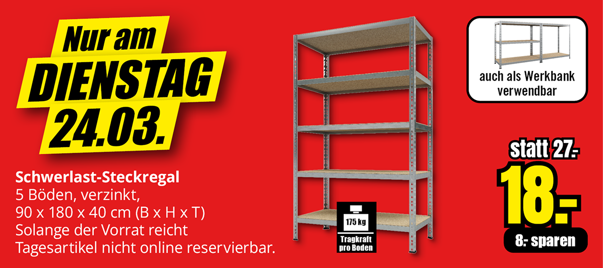 Schwerlast-Steckregal 90 x 180 x 40 cm für 19 Euro statt 27 Euro, nur am Dienstag 24.03., solange der Vorrat reicht.