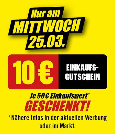 10 Euro Einkaufs-Gutschein, gültig am Mittwoch 25.03., je 50 Euro Einkaufswert geschenkt.