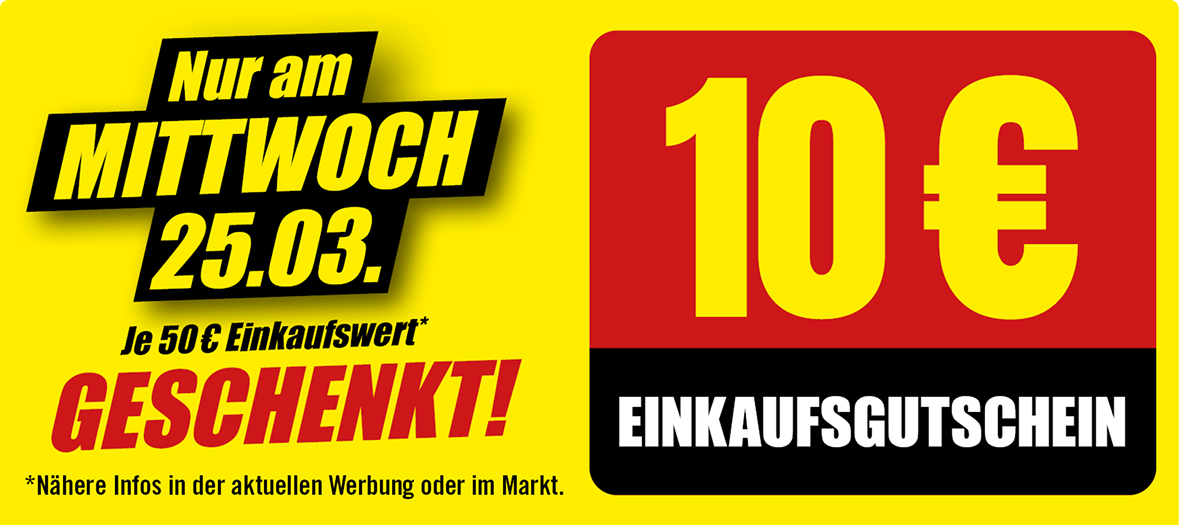 10 Euro Einkaufs-Gutschein, gültig am Mittwoch 25.03., je 50 Euro Einkaufswert geschenkt.