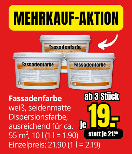 Fassadenfarbe weiß, seidenmatt, 10 Liter, ab drei Eimern 19 Euro je Stück statt 21,90 Euro.