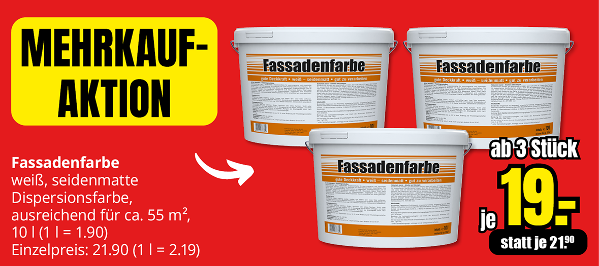 Fassadenfarbe weiß, seidenmatt, 10 Liter, ab drei Eimern 19 Euro je Stück statt 21,90 Euro.