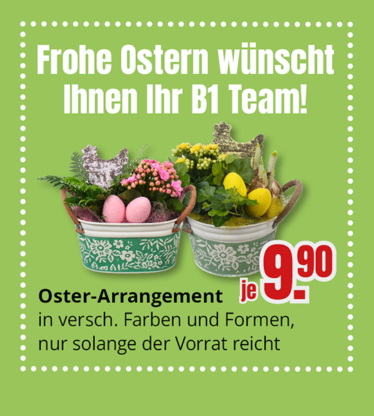 Oster-Arrangement mit Frühlingspflanzen und Dekoration in verschiedenen Farben und Formen im Metallkorb, Preis 9,90 Euro, nur solange der Vorrat reicht. Frohe Ostern wünscht Ihr B1 Team.