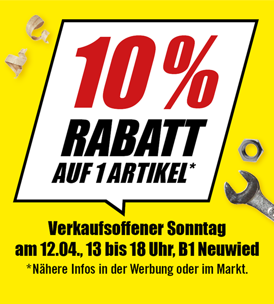 10 Prozent Rabatt auf einen Artikel, gültig am verkaufsoffenen Sonntag 12.04. von 13 bis 18 Uhr in B1 Neuwied.