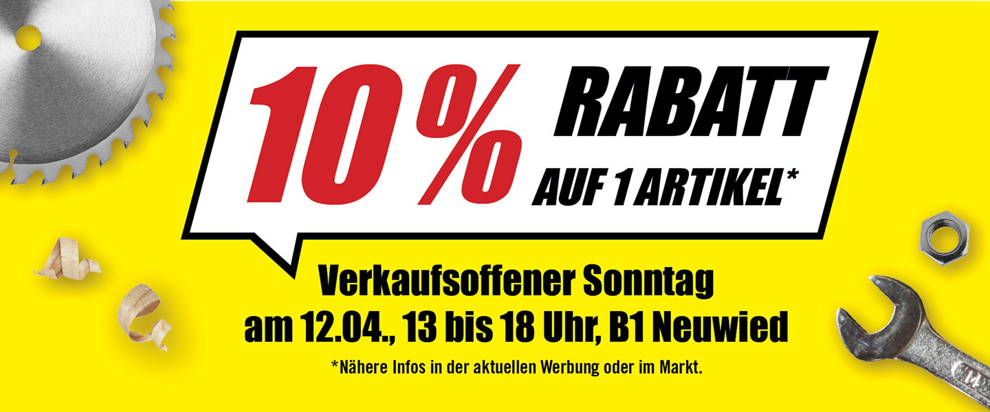 10 Prozent Rabatt auf einen Artikel, gültig am verkaufsoffenen Sonntag 12.04. von 13 bis 18 Uhr in B1 Neuwied.