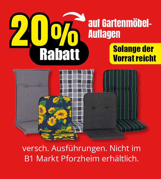 20 Prozent Rabatt auf Gartenmöbel-Auflagen in verschiedenen Ausführungen, solange der Vorrat reicht.
