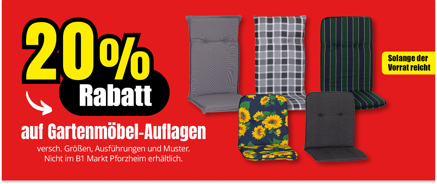 20 Prozent Rabatt auf Gartenmöbel-Auflagen in verschiedenen Ausführungen, solange der Vorrat reicht.