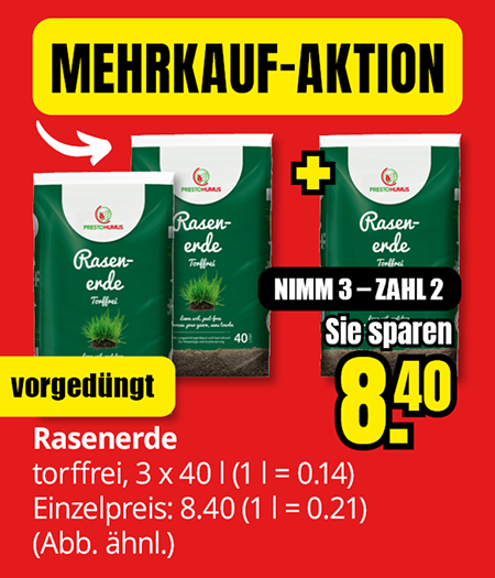 Rasenerde torffrei, 40 Liter, Mehrkauf-Aktion: drei Säcke zum Preis von zwei für 8,40 Euro, vorgedüngt.