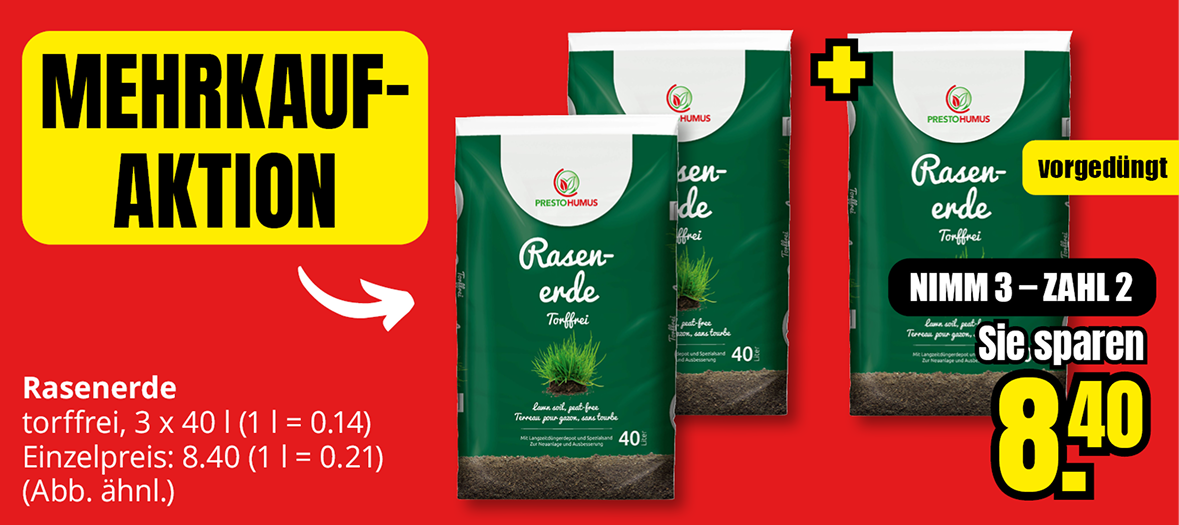 Rasenerde torffrei, 40 Liter, Mehrkauf-Aktion: drei Säcke zum Preis von zwei für 8,40 Euro, vorgedüngt.