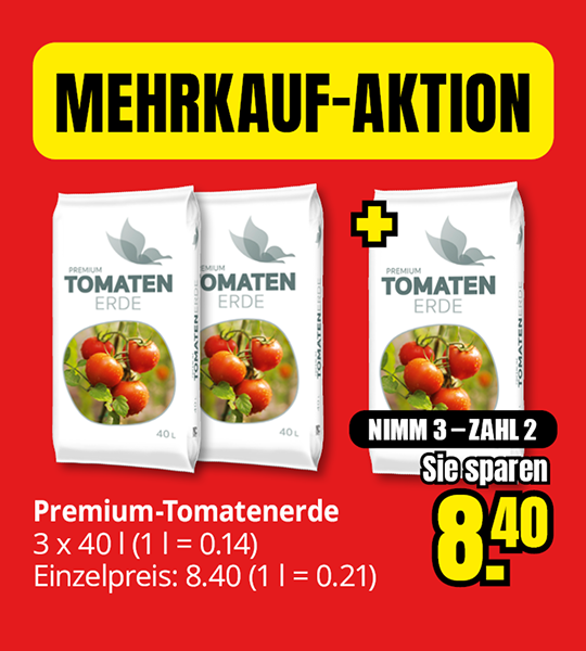 Premium-Tomatenerde 40 Liter, Mehrkauf-Aktion: drei Säcke zum Preis von zwei für 8,40 Euro.
