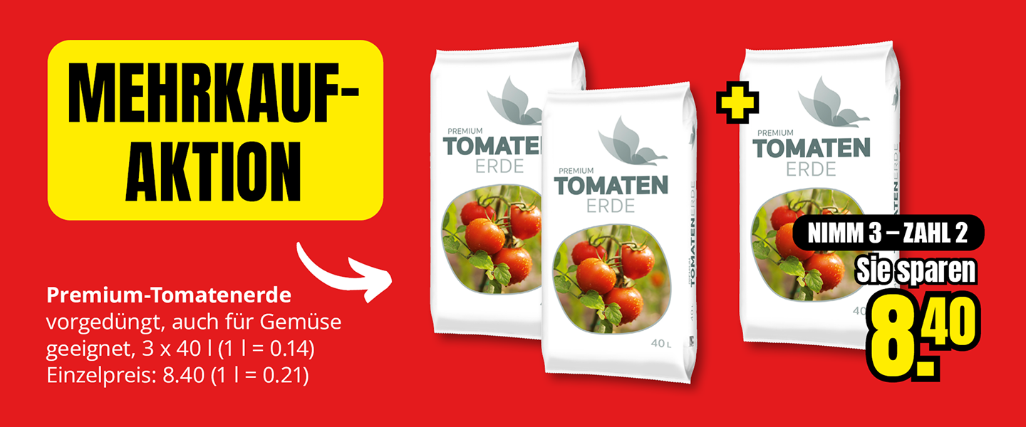 Premium-Tomatenerde 40 Liter, Mehrkauf-Aktion: drei Säcke zum Preis von zwei für 8,40 Euro.