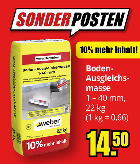 Boden-Ausgleichsmasse 1 bis 40 mm, 22 kg Sack mit 10 Prozent mehr Inhalt, Preis 14,50 Euro.
