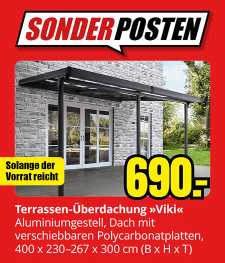 SONDER POSTEN - Terrassen-Überdachung »Viki« Aluminiumgestell, Dach mit verschiebbaren Polycarbonatplatten, Schneelast: 60 kg/m², 400 x 230–267 x 300 cm (B x H x T) 690.- Solange der Vorrat reicht