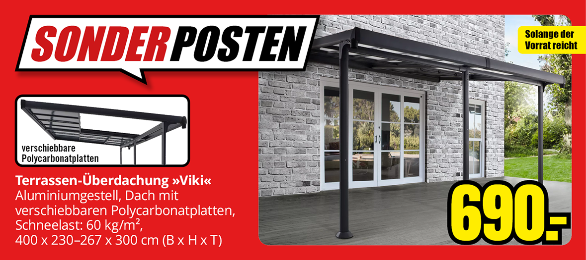SONDER POSTEN - Terrassen-Überdachung »Viki« Aluminiumgestell, Dach mit verschiebbaren Polycarbonatplatten, Schneelast: 60 kg/m², 400 x 230–267 x 300 cm (B x H x T) 690.- Solange der Vorrat reicht