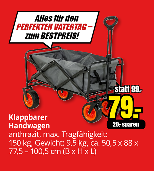 Klappbarer Handwagen in Anthrazit mit einer Tragfähigkeit von 150 Kilogramm, klappbares Modell mit vier Rädern, Angebotspreis 79 Euro statt 99 Euro.