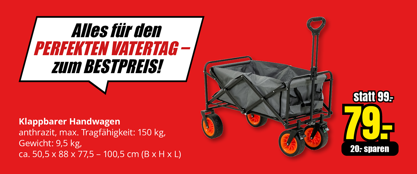 Klappbarer Handwagen in Anthrazit mit einer Tragfähigkeit von 150 Kilogramm, klappbares Modell mit vier Rädern, Angebotspreis 79 Euro statt 99 Euro.