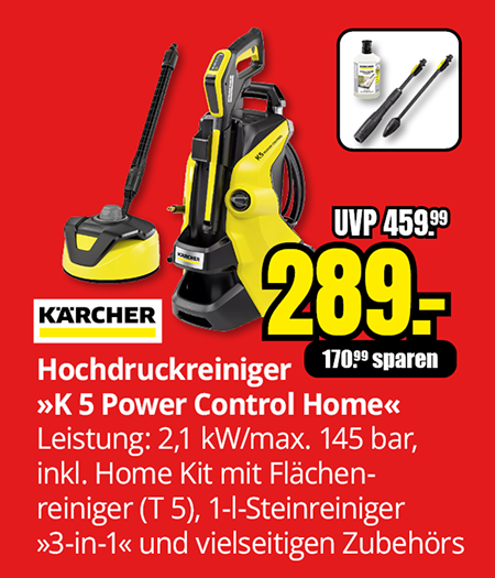 Kärcher Hochdruckreiniger K5 Power Control Home mit Home Kit, Flächenreiniger und Zubehör, Leistung 2,1 Kilowatt, maximal 145 bar, Angebotspreis 289 Euro statt UVP 459,99 Euro.
