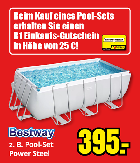 Beim Kauf eines Pool-Sets erhalten Sie einen B1 Einkaufs-Gutschein in Höhe von 25! Bestway z. B. Pool-Set Power Steel Aufbau ohne Werkzeug, Fassungsvermögen: ca. 8.124 l (90 % gefüllt), ca. 412 x 201 x 122 cm (B x H x T) (o. Füllung) inkl. Kartuschenfilteranlage, Filterpumpe und Sicherheitsleiter. 395