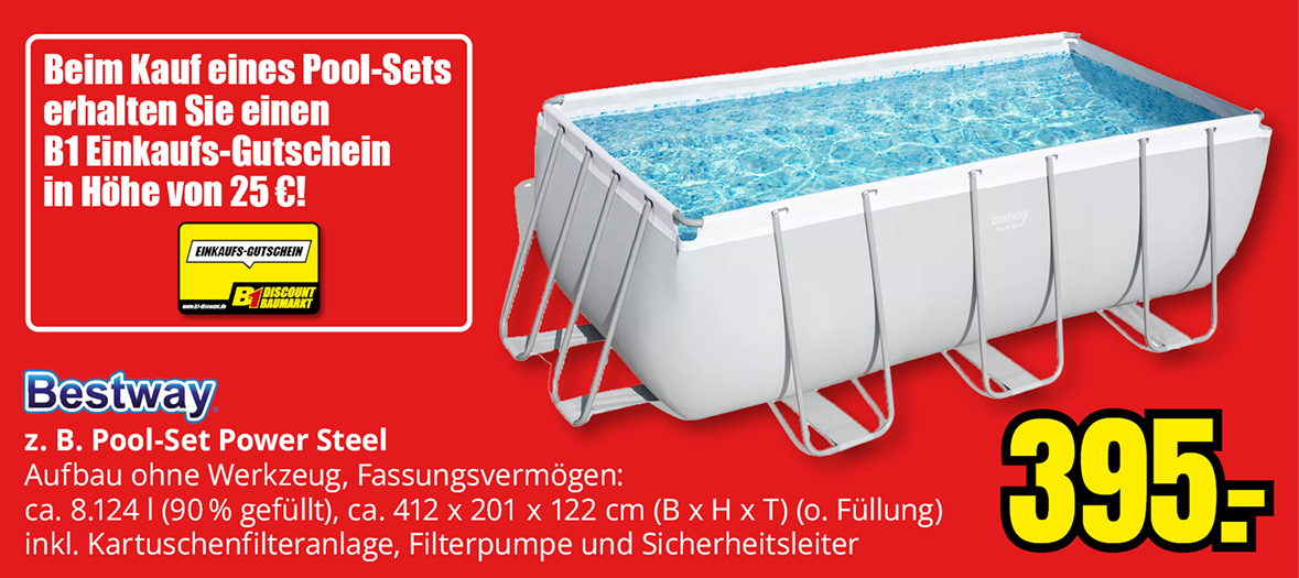 Beim Kauf eines Pool-Sets erhalten Sie einen B1 Einkaufs-Gutschein in Höhe von 25! Bestway z. B. Pool-Set Power Steel Aufbau ohne Werkzeug, Fassungsvermögen: ca. 8.124 l (90 % gefüllt), ca. 412 x 201 x 122 cm (B x H x T) (o. Füllung) inkl. Kartuschenfilteranlage, Filterpumpe und Sicherheitsleiter. 395