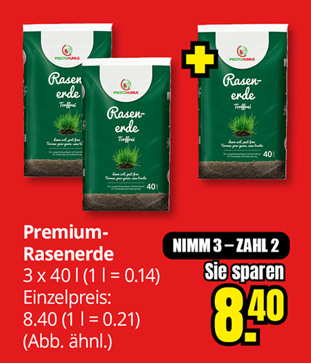 Premium-Rasenerde, 3 Säcke à 40 Liter zum Preis von 2 Säcken, Preisvorteil 8,40 Euro