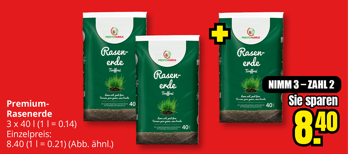 Premium-Rasenerde, 3 Säcke à 40 Liter zum Preis von 2 Säcken, Preisvorteil 8,40 Euro