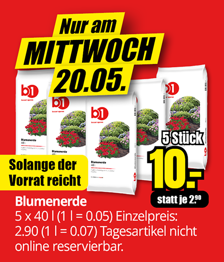 Fünf Säcke Blumenerde à 40 Liter im Angebot für 10 Euro, nur am Mittwoch, 20.05., solange Vorrat reicht