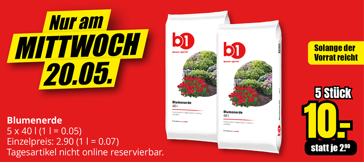 Fünf Säcke Blumenerde à 40 Liter im Angebot für 10 Euro, nur am Mittwoch, 20.05., solange Vorrat reicht