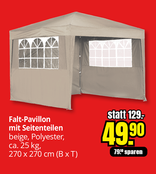 Beiger Falt-Pavillon mit Seitenteilen aus Polyester, 270 × 270 cm, Aktionspreis 49,90 Euro statt 129 Euro