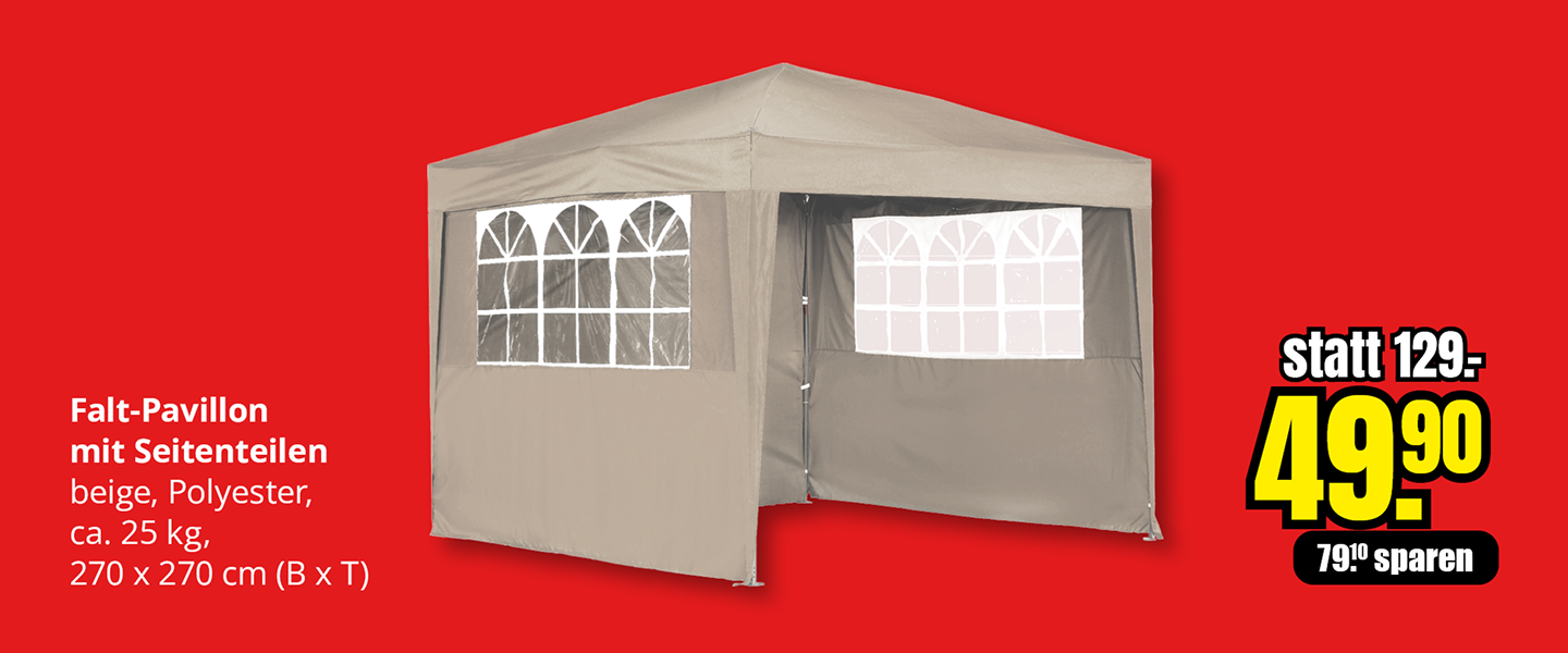 Beiger Falt-Pavillon mit Seitenteilen aus Polyester, 270 × 270 cm, Aktionspreis 49,90 Euro statt 129 Euro