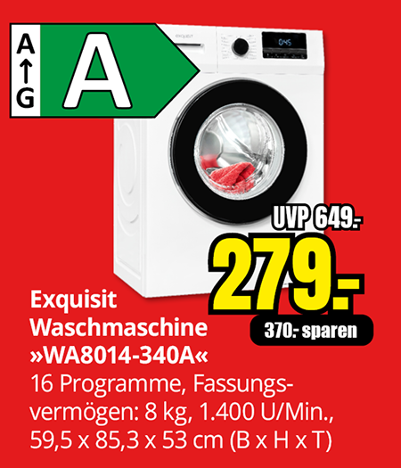 Weiße Exquisit Waschmaschine WA8014-340A, Energieeffizienzklasse A, 8 Kilogramm Fassungsvermögen, 1400 Umdrehungen pro Minute, Aktionspreis 279 Euro statt 649 Euro