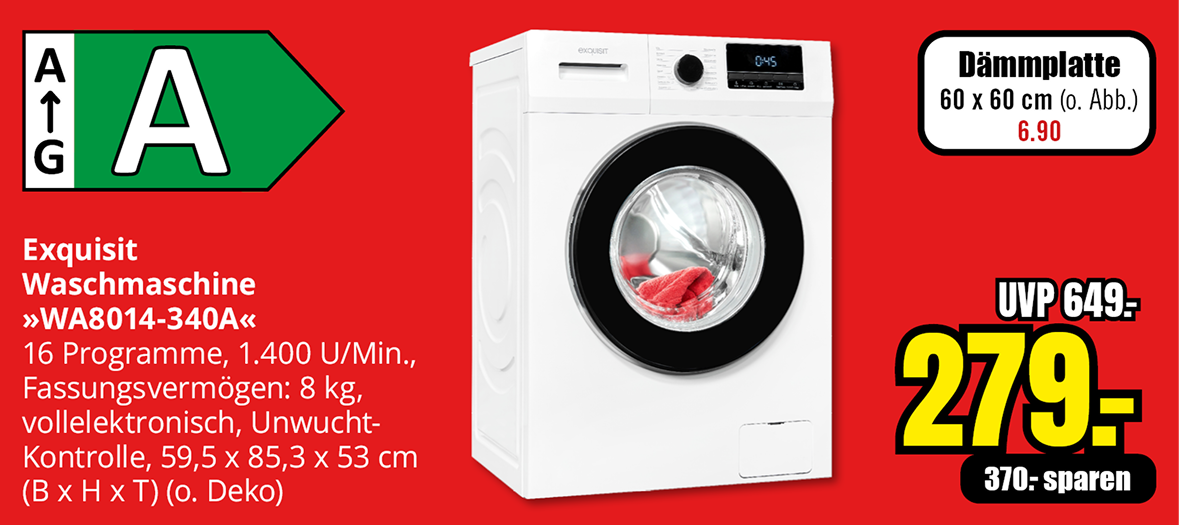 Weiße Exquisit Waschmaschine WA8014-340A, Energieeffizienzklasse A, 8 Kilogramm Fassungsvermögen, 1400 Umdrehungen pro Minute, Aktionspreis 279 Euro statt 649 Euro