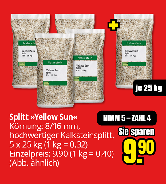 Kalksteinsplitt Yellow Sun mit Körnung 8 bis 16 Millimeter, fünf Säcke à 25 Kilogramm zum Preis von vier, Ersparnis 9,90 Euro