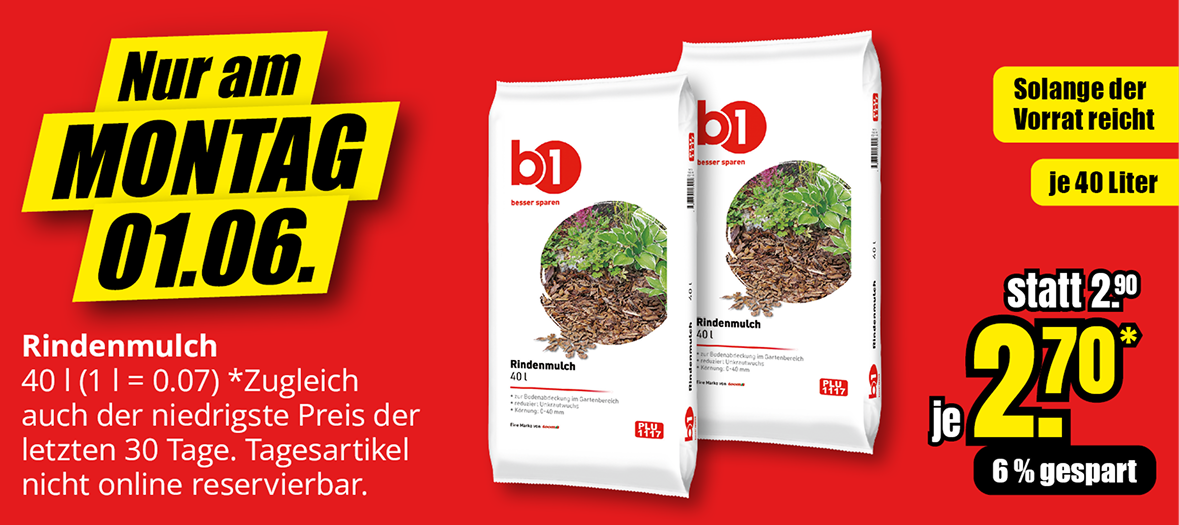 Rindenmulch, 40 Liter, Aktionspreis 2,70 Euro statt 2,90 Euro, nur am Montag, 01.06., solange Vorrat reicht