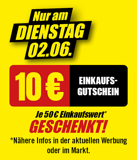 10-Euro-Einkaufsgutschein geschenkt ab einem Einkaufswert von 50 Euro, gültig nur am Dienstag, 02.06.