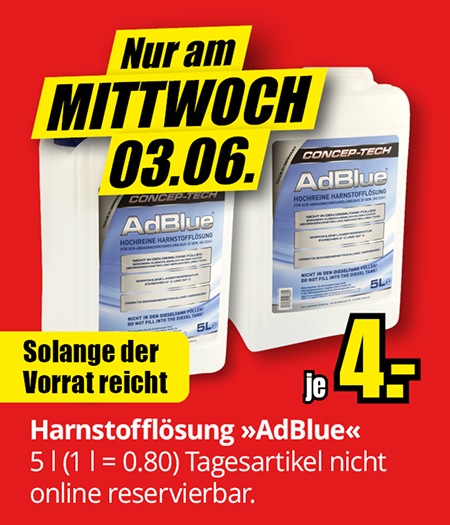 Harnstofflösung AdBlue, 5 Liter, Aktionspreis 4 Euro, nur am Mittwoch, 03.06., solange Vorrat reicht