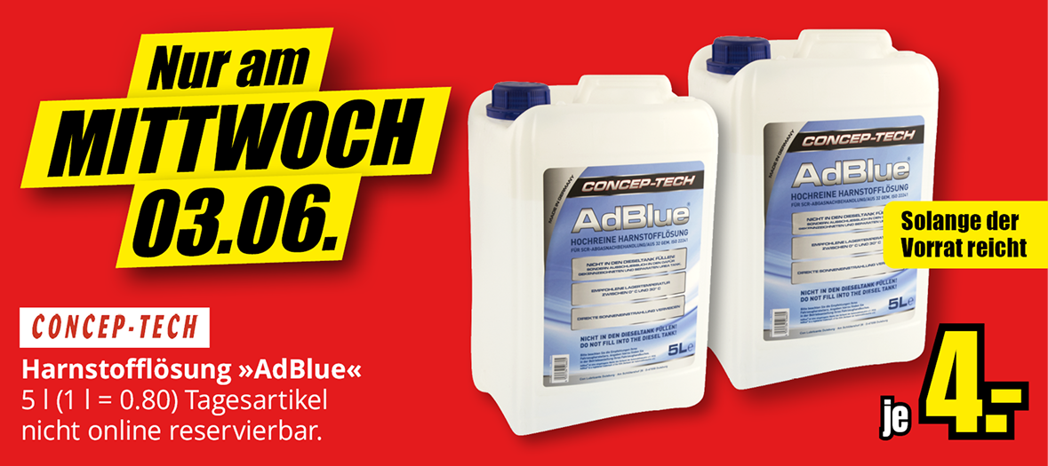 Harnstofflösung AdBlue, 5 Liter, Aktionspreis 4 Euro, nur am Mittwoch, 03.06., solange Vorrat reicht