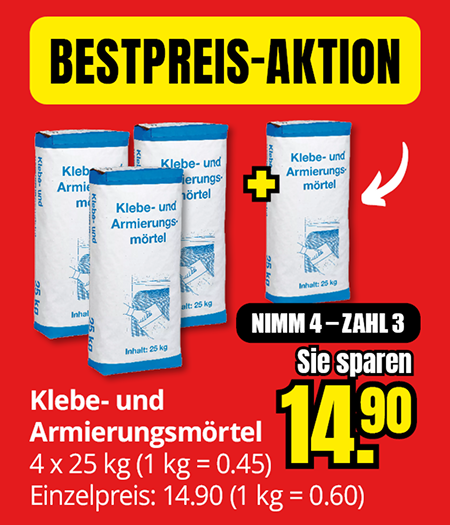 Klebe- und Armierungsmörtel, vier Säcke à 25 Kilogramm zum Preis von drei, Ersparnis 14,90 Euro