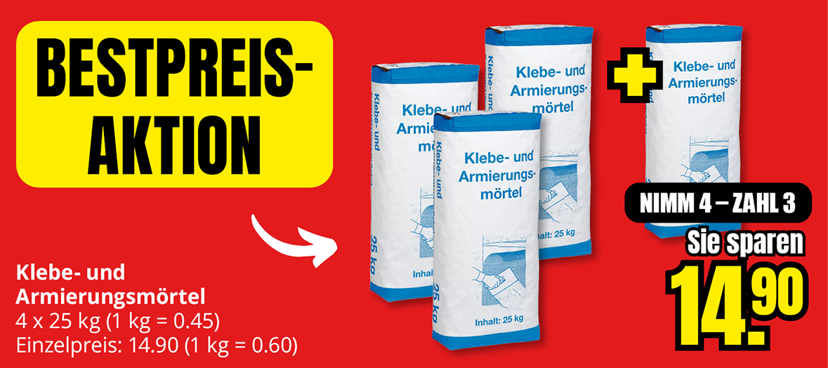 Klebe- und Armierungsmörtel, vier Säcke à 25 Kilogramm zum Preis von drei, Ersparnis 14,90 Euro