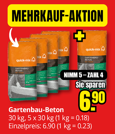 Werbeanzeige für eine Mehrkauf-Aktion: 5 Säcke Quick-Mix Gartenbau-Beton mit Trass (je 30 kg) auf rotem Hintergrund. Aktion „Nimm 5 – Zahl 4", Ersparnis 6,90 €. Einzelpreis 6,90 € (0,23 €/kg), Aktionspreis 0,18 €/kg.