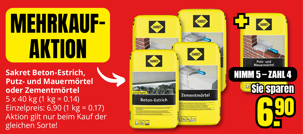 Sakret Beton-Estrich, Putz- und Mauermörtel, fünf Säcke à 40 Kilogramm zum Preis von vier, Ersparnis 6,90 Euro