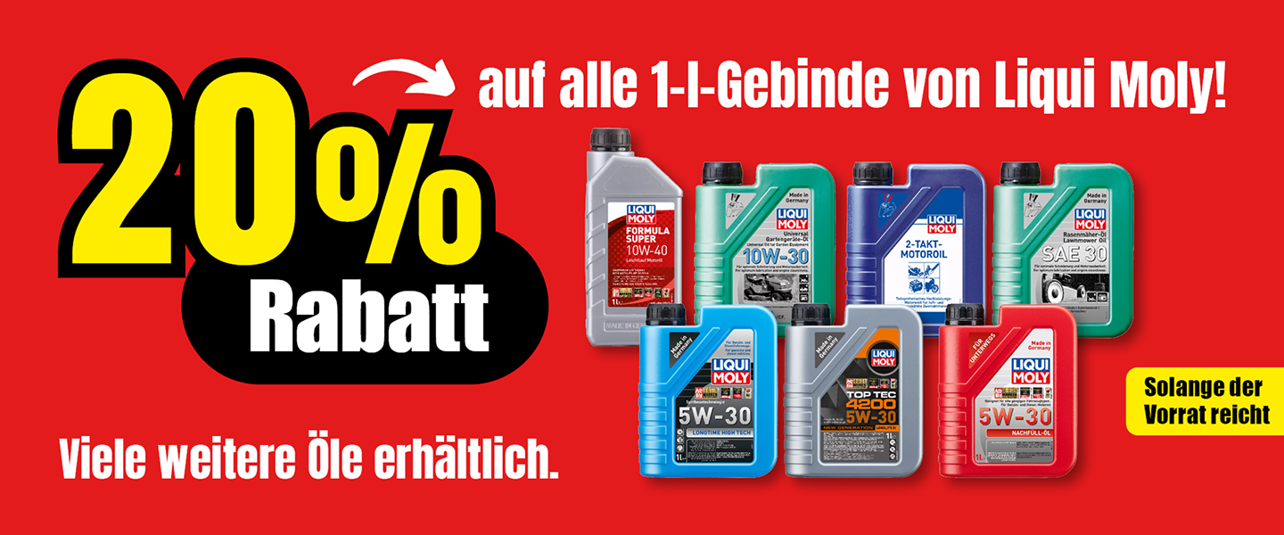 20 Prozent Rabatt auf alle 1-Liter-Gebinde von Liqui Moly Motoröl, solange Vorrat reicht