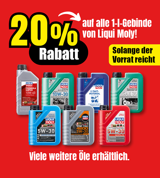 20 Prozent Rabatt auf alle 1-Liter-Gebinde von Liqui Moly Motoröl, solange Vorrat reicht