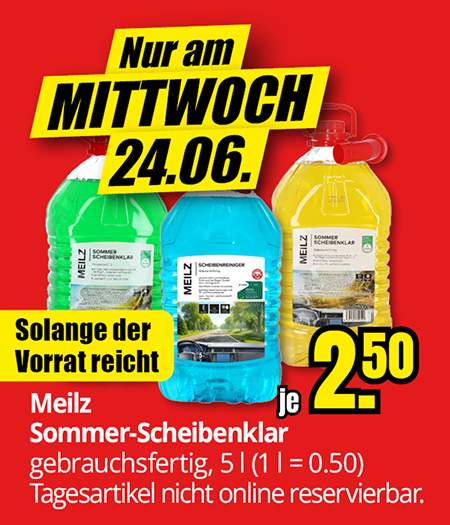 Meilz Sommer-Scheibenklar, gebrauchsfertig, 5 Liter, Aktionspreis 2,50 Euro je Kanister, nur am Mittwoch, 24.06., solange Vorrat reicht
