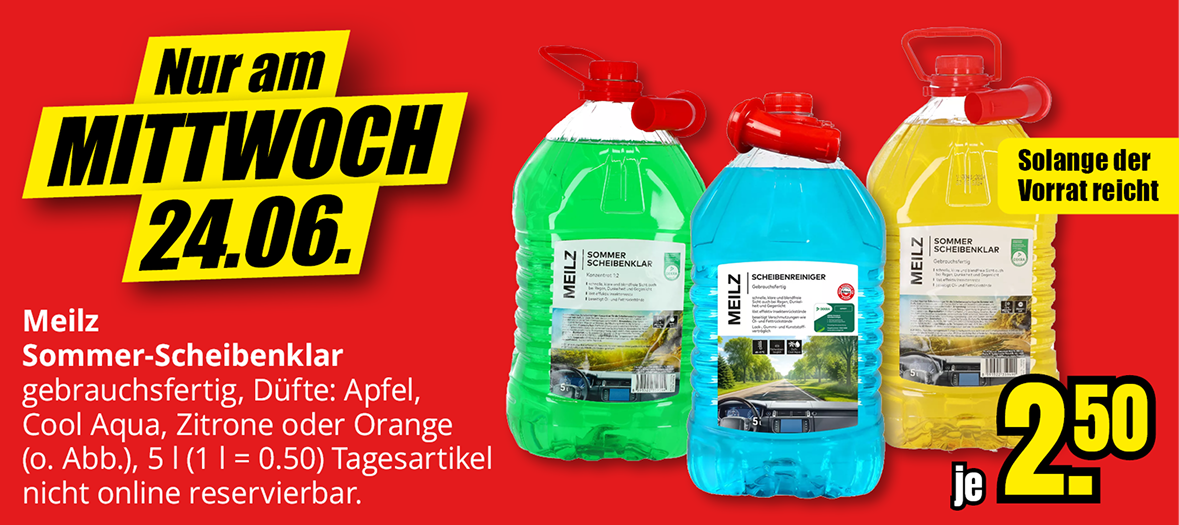 Meilz Sommer-Scheibenklar, gebrauchsfertig, 5 Liter, Aktionspreis 2,50 Euro je Kanister, nur am Mittwoch, 24.06., solange Vorrat reicht